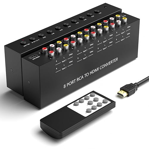 Azduou 8 AV to HDMI Converter, 1080P/720P 8 Way RCA Composite CVBS AV Switch to HDMI Converter Adapter Support 4:3/16:9 Switch for Sega Xbox PS1 PS2 PS3 N64 NGC SNES WII VHS VCR Camera DVD - 8 RCA Converter