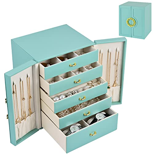 Large Jewelry Box Jewelry Organizer,5-Layer Jewelry Storage Case for Earring Necklace Bracelets Rings Watches Holder PU Leather (Blue) - Blue