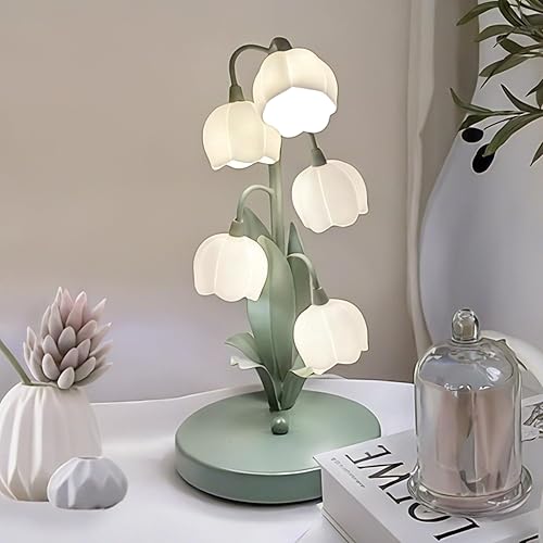 WLHONG Blume Tischlampe,5 Lilien Nachttischlampe,Vintage grüne LED Blume Tischlampe,3 Farbmodi,Leselampe mit G4 LED-Lampe,geeignet für Schlafzimmer,Wohnzimmer,Büro,Wohnkultur (Vintage) - Vintage