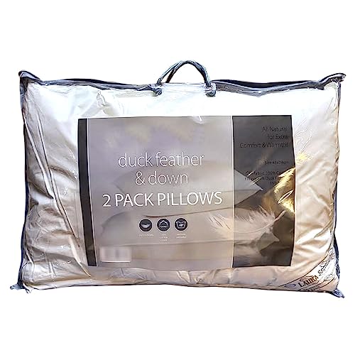 Casabella Duck Feather & Down Pillows- Luxurious Comfort for Restful Sleep-Hypoallergenic & Anti Dust Mite-2 Duck Feather Pillows UK Standard Size(48x74cm) - 2 Pack