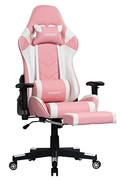 OHAHO Gaming Chair Racing Style Office Chair Adjustable Massage Lumbar Cushion Swivel Rocker Recliner Leather High Back Ergonomic Computer Desk Chair with Retractable Arms and Footrest (Pink/White) - Pink/White
