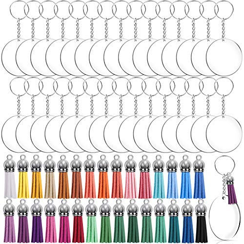Duufin 120 Pcs Acrylic Keychain Blanks Tassels Set Including Acrylic Keychain Blanks Colourful Tassel Key Rings with Chain and Jump Rings for DIY and Craft (Round. Silver) - One Size - Round. Silver