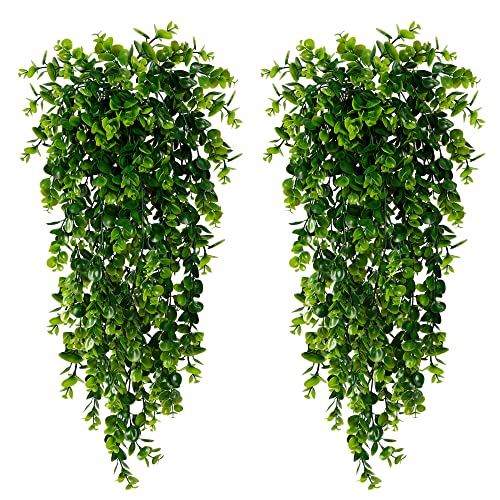 Sggvecsy 4 Pack Artificial Hanging Plants Fake Hanging Plant Faux Hanging Eucalyptus Plants UV Resistant Plastic Plants for Indoor Outdoor Room Wall Wedding Patio Porch Decor