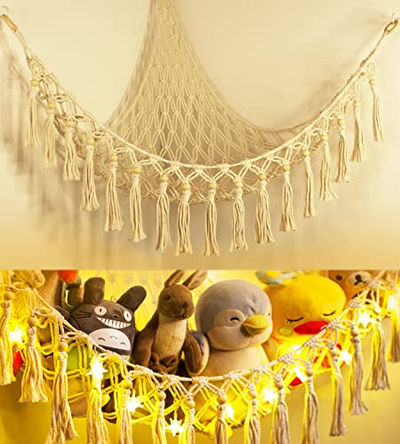 TCGPRO Stuffed Animal Toy Storage Hammock with LED Light - Macrame Jumbo Doll Room Corner Organizer Mesh Decorations - Hanging Storage Nets Kids Bedroom(Beads) - Beige - L (39.5"*39.5"*48")