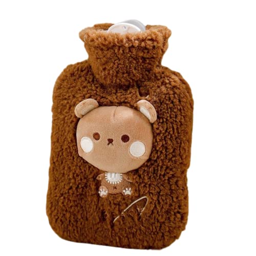 Kawaii Hot Water Bottle with Fuzzy Cover, Cute Hot Water Bag for Pain Relief Feet with Plush Cover for Cold Winter Teen Girls - Brown