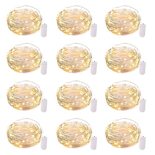 Brightown 12 Pack Led Fairy Lights Battery Operated String Lights Waterproof Silver Wire 7 Feet 20 Led Firefly Starry Moon Lights for DIY Wedding Party Bedroom Patio Christmas - 12 Pack - Warm White