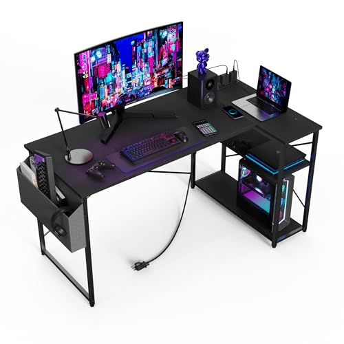 TIQLAB Small Computer Desk with Power Outlets, 40 Inch L Shaped Desk with Reversible Shelves, Gaming Desk Corner Desk Study Writing Table for Home Office Bedroom Living Room, Black - Black - 40 Inch