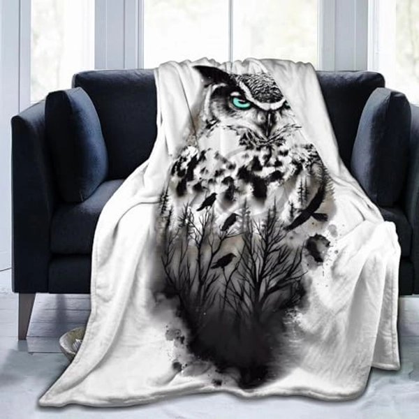 Owl Fleece Throw Blanket for Adults Girls Boys Winter Couch Bed Soft Cozy Warm Pink Lightweight Black White Flannel Travel Blankets 60 x 50 Inch - Owll Black White