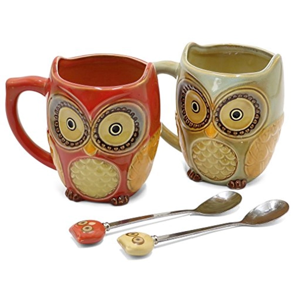 SQOWL 3D Coffee Mug Cute Set of 2 Owl Ceramic Coffee Mugs with spoons Office Tea Cups for Women Men 12 oz Cyan and Red - Cyan and red
