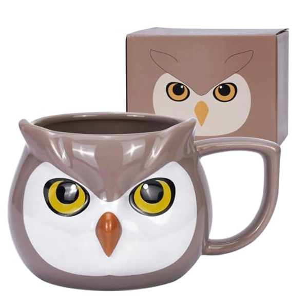 ToCooTo Owl Mug 14 oz Cute Ceramic Coffee Mug 3D Porcelain Tea Mug for Women Kawaii Cup Owl Gifts for Women Christmas Gifts Housewarming Holiday Birthday Gifts for Women Mom Kids Men and Friend Brown
