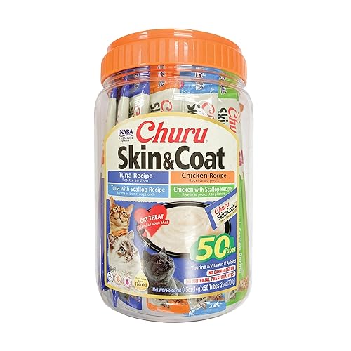 INABA Churu Lickable Purée Natural Cat Treats for Skin and Coat with Omega Oils, Taurine and Vitamin E, 0.5 Ounces Each Tube, 50 Tubes, Skin & Coat Variety - Skin & Coat Variety - 0.5 Ounce (Pack of 50)