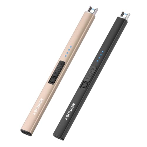 MEIRUBY 2 Pack Lighter Electric Candle Lighter Long Electronic Rechargeable USB Lighter Arc Windproof Flameless Lighters for Candle Camping BBQ Birthday Gifts for Women Mom Wife Men - Black / Champagne Gold