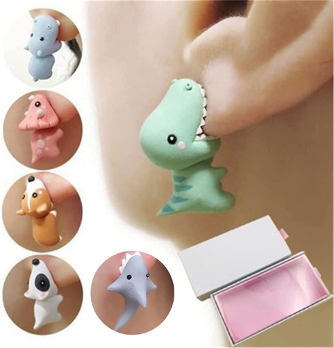 Cute Animal Bite Earring, 3D Cute Dinosaur Earrings for Women - Small and Exquisite for Easy Carrying and Collection,Fashion Simple Handmade Animal Stud Earrings. (6 PCS + Gift Box) - 6 Pcs + Gift Box