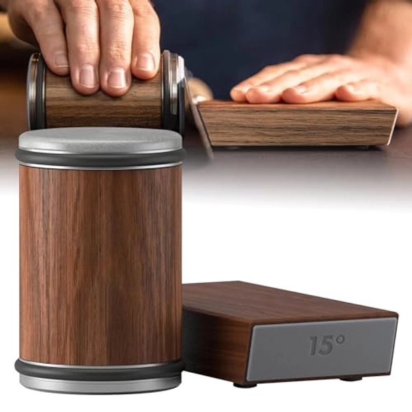 Wooden Tumbler Rolling Knife Sharpener - Wood Grain Tumble Roller Knife Sharpener for Kitchen, Diamond Grinding and Honing Disc in Both Sides, Offers 15-20 Degree Sharpening