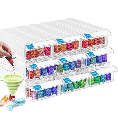 ARTDOT 9 Pack Storage Containers for Diamond Painting, Stackable Craft Storage Organizers Total 288 Slots Individual Containers for Diamond Art Beads Nail Pill Rhinestones Seed（Funnel Included） - 9 Drawer(288 Jars)