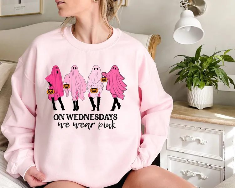 On Wednesday We Wear Pink Ghost Sweatshirt, Mean Girls Ghost Shirt, Pink Ghost Shirt, Mean Girls Halloween, Halloween Sweatshirt