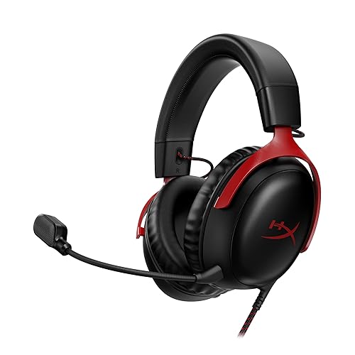 HyperX Cloud III – Wired Gaming Headset, PC, PS5, Xbox Series X|S, Angled 53mm Drivers, DTS Spatial Audio, Memory Foam, Durable Frame, Ultra-Clear 10mm Mic, USB-C, USB-A, 3.5mm – Black/Red - Black/Red - Wired
