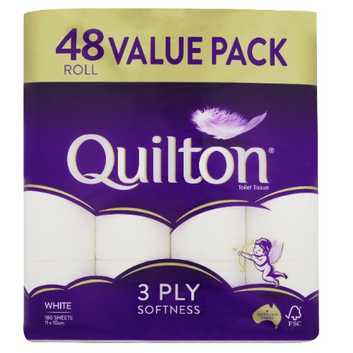 Quilton 3 Ply Toilet Tissue (180 Sheets per Roll, 11x10cm), Pack of 48 Rolls (no Inner Packs) - 48 count