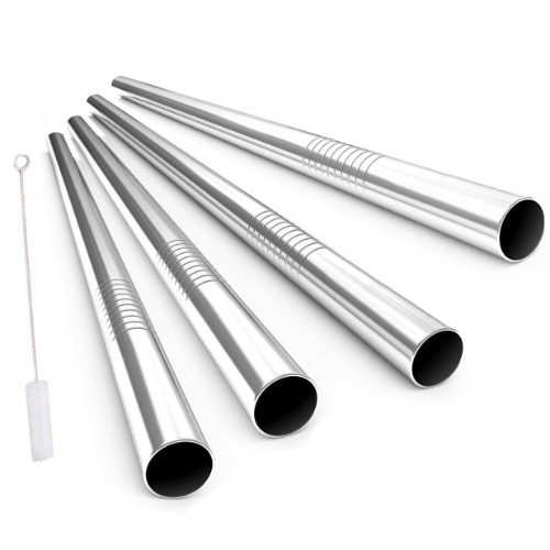 ALINK Stainless Steel Drinking Straws, Extra Wide Long Reusable Fat Boba Metal Smoothie Straws Jumbo, 12 mm X 9 in Set of 4 with Cleaning Brush
