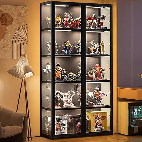 QOEUDD 5 Tier Curio Display Cabinet, Display Shelf with Acrylic Glass Door, Collectibles Toy Organizers Rack & Display Shelves, Kids Bookcase for Bedroom, Reading Nook, Toddler's Room, Bamboo - Black-folio Door