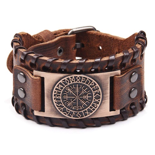 GelConnie Viking Bracelet Punk Leather Cuff Bracelet Gothic Leather Wristband Bracelet with Nordic Amulet Scandinavian Talisman Celtic Pagan Jewelry - Brown Compass