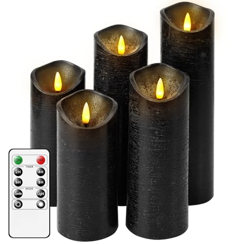 Nimiko Flickering Flameless Candles with Remote Control and Timer Set of 5 Pc Real Wax LED Pillar Candles, Battery Operated Candles（D2.2×H5/5.5"/6"/7"/8"） Home Decor Flameless Candles（Black） - Black