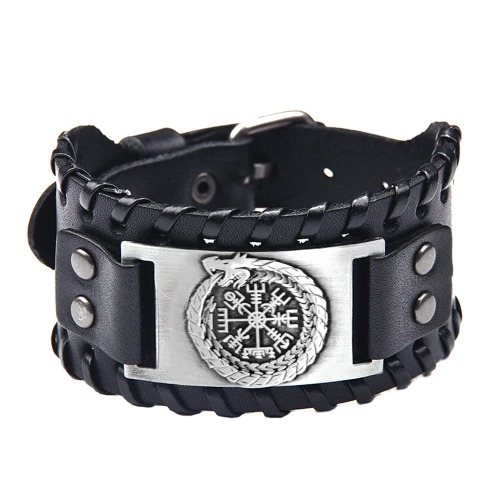 Viking Bracelet Norse Vegvisir - Nordic Leather Cuff with Dragon Jormungandr - Celtic Pagan Jewelry of Talisman - Silver