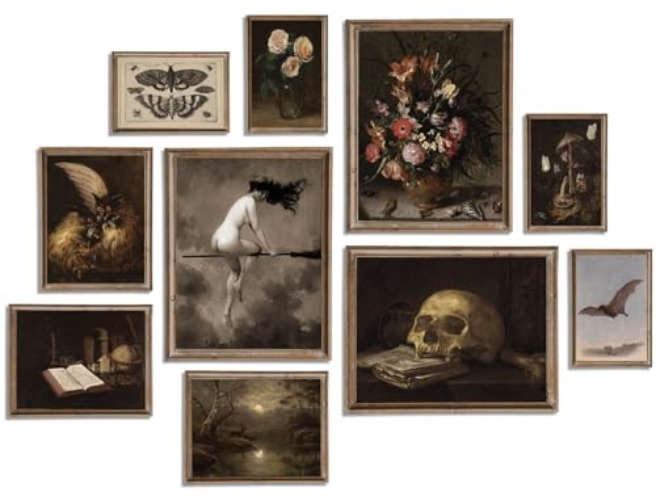uniro Dark Academia Room Decor, Gothic Wall Decor, Vintage Witchy Decor Aesthetic Dark Academia Wall Art, Moody Halloween Decor Florals Skull Witch Moth Butterfly Goth Posters for Bedroom Dorm Gallery, Set of 10 - Retro 02-10pcs