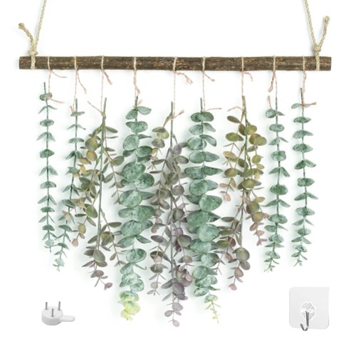 Artificial Eucalyptus Greenery Hanging Wall Decor Artificial Eucalyptus Vines Wall Hanging Plants with Wooden Stick Farmhouse Rustic Boho Wall Decor for Bedroom, Living Room, Entryway and Bathroom - 13.7"
