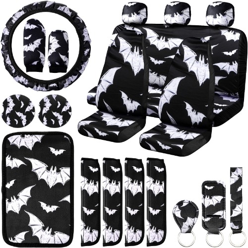 Frienda 20 Pieces Bats Car Seat Covers,Black Bats Pattern Car Accessories Set Bats Steering Wheel Cover Seat Belt Pad Handbrake Cover Center Console Armrest Pad Gear Cover Car for Universal Car - 
