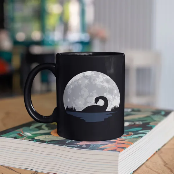 Loch Ness Mug, Nessi Moon, Black Mug, Loch Ness Monster, Coffee Mugs, Tumbler, Travel Mug, Beer Can Holder Cooler, Water Bottle