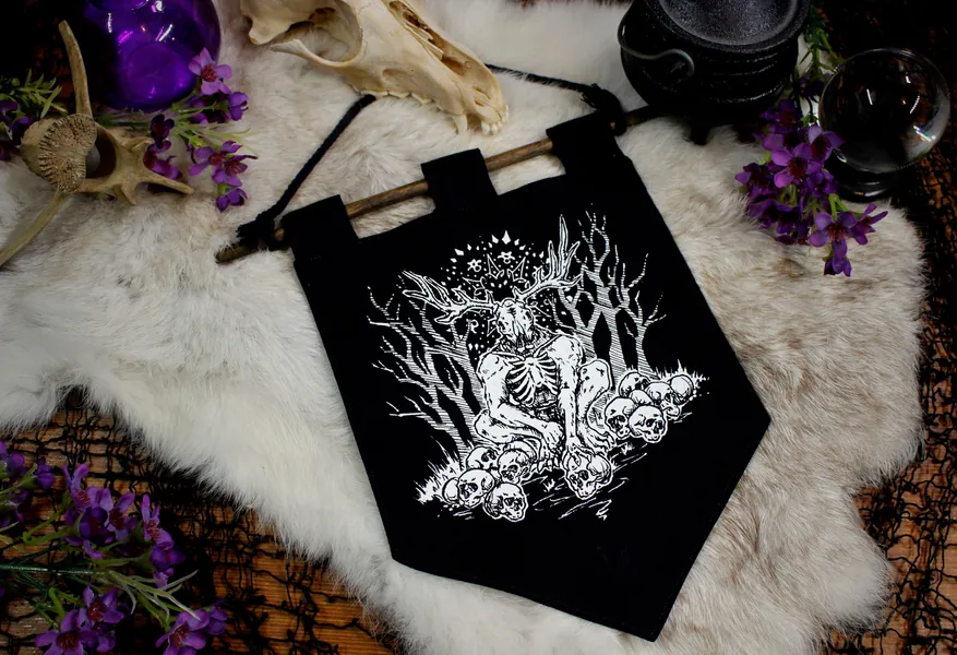 Dark Forest Dweller Cryptid Handmade Screen Printed Bitty Banner