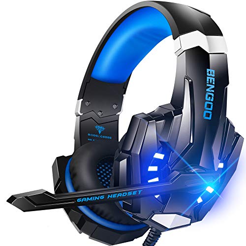 BENGOO G9000 Stereo Gaming Headset for PS4 PC Xbox One PS5 Controller, Noise Cancelling Over Ear Headphones with Mic, LED Light, Bass Surround, Soft Memory Earmuffs (Blue) - Blue