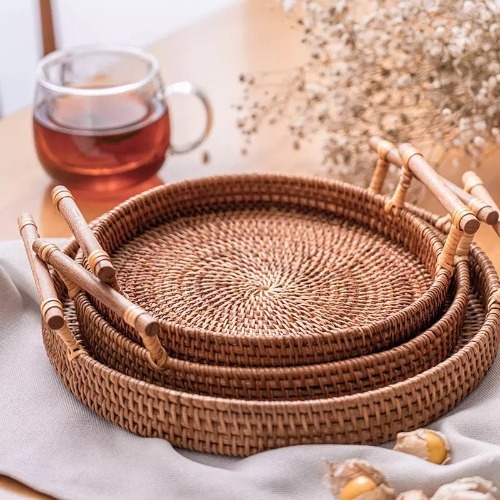 Round Rattan Tray with Handles - Small