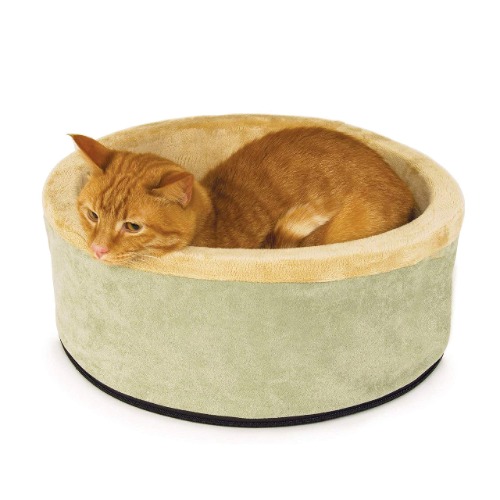 K&H Pet Products Heated Thermo-Kitty Pet Bed, Plush Cat Bed, Sage - Small (16 in) Recyclable Box