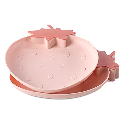 Kawaii Strawberry Plastic Trays Snack Plates Kitchen Bowls,2 Pack Plastic Plates Serving Platters Food Tray Decorative Serving Trays for Candy,Fruits,Dessert,Salad Dish Home Wedding Party Platters - Pink
