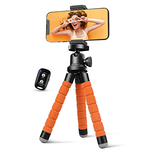 Aureday Phone Tripod, Flexible Tripod for iPhone and Android Cell Phone, Portable Small Tripod with Wireless Remote and Clip for Video Recording/Vlogging/Selfie (Orange) - Orange