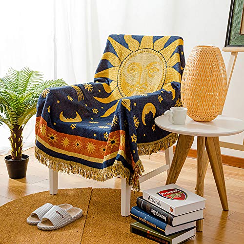 MayNest Sun And Moon Stars Hippie Throw Blanket Celestial Tapestry Double-sided Reversible Woven Cotton Home Decor Bedding Chair Couch Recliner Cover Loveseat Rug Oversized Tassels Blue Yellow (71x51) - Small: 71x51
