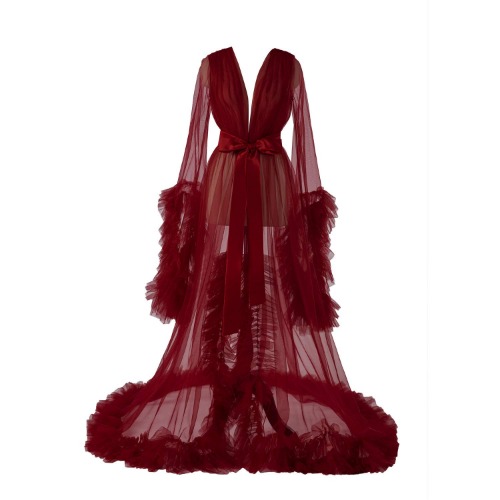 Women's Long Bridal Robes Tulle Lingerie Maternity Bathrobe Photoshoot Illusion Wedding Scarf Party Nightgown - X-Large A-burgundy