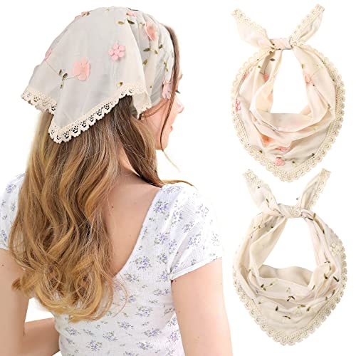 AWAYTR 2Pcs Floral Hair Bandanas Tie-back Head Kerchief for Women Flower Mesh Hair Scarves Lightweight Triangular Head Scarf - Lace Trim(beige/Pink)