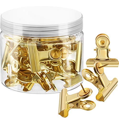 30 Pieces Push Pins Clips Thumb Tacks with Clips Cork Board Tacks Bulldog Clips for School Artworks Projects on Cork Board Photos Documents on Bulletin Board No Holes for The Paper (Gold)