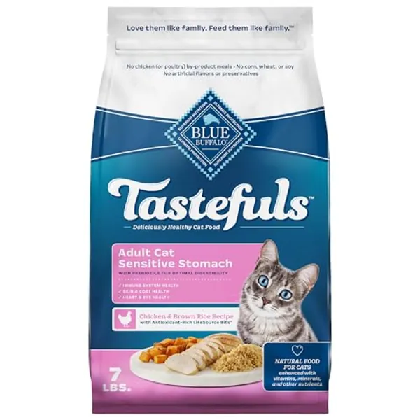 Blue Buffalo Tastefuls Adult Dry Cat Food Sensitive Stomach Formula, Made in the USA with Natural Ingredients, Chicken Recipe, 7-lb. Bag - Chicken & Brown Rice - 7 Pounds (Pack of 1)