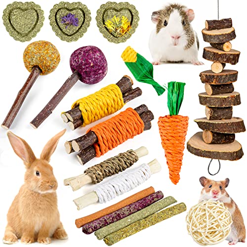Sofier Rabbit Toys Bunny Toys Guinea Pig Toys 17pcs Natural Timothy Hay Treats Hamster Toys for Teeth Handmade Rabbit Treats and Chews Chinchilla Rat - Twine