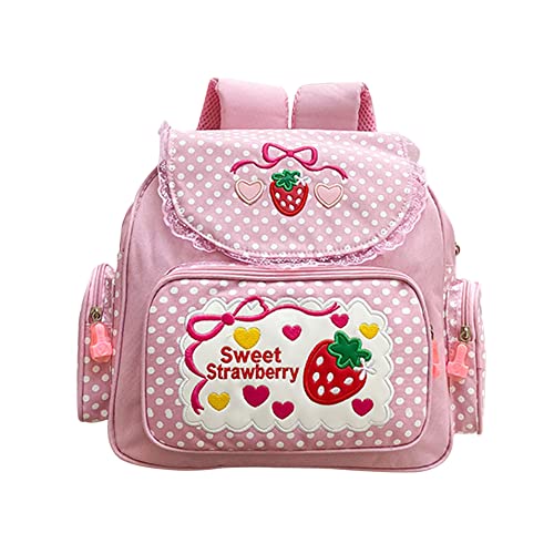 Lovemore Kawaii Embroidery Strawberry Backpack for Girl Teen Student School Bag Satchel Cute Pink Lace JK Backpack