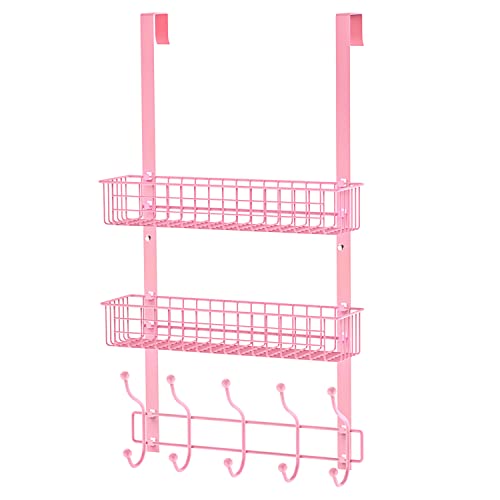 MILIJIA Coat Rack, Over The Door Hanger with Mesh Basket, Detachable Storage Shelf for Towels, Hats, Handbags, Coats (Pink-2 Layer) - Pink