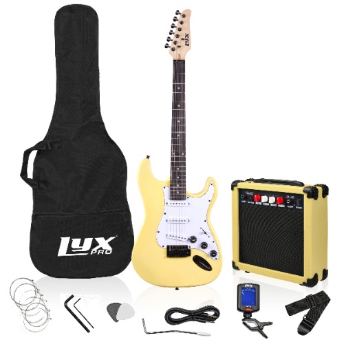 LyxPro 39 inch Electric Guitar Kit Bundle with 20w Amplifier, All Accessories, Digital Clip On Tuner, Six Strings, Two Picks, Tremolo Bar, Shoulder Strap, Case Bag Starter kit Full Size - Retro Yellow - 39" Right Handed Retro Yellow