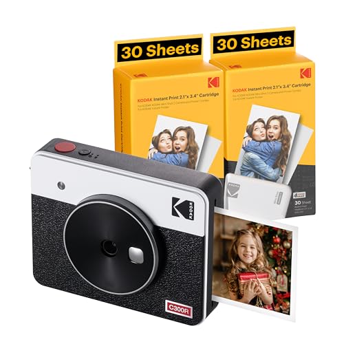 KODAK Mini Shot 3 Retro 4PASS 2-in-1 Instant Digital Camera and Photo Printer (3x3 inches) + 68 Sheets Cartridge Bundle, White - Camera + 68 Sheets - White