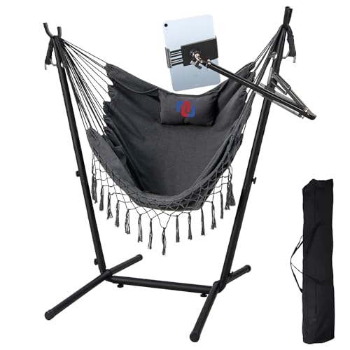 NUNET Hammock Chair with Stand Phone/Tablet Holder Included Portable Double Swing Chair Adjustable Height Steel Stand Macrame w. Pillow Indoor Outdoor Balcony Patio 300lbs Capacity (2024 Upgraded)