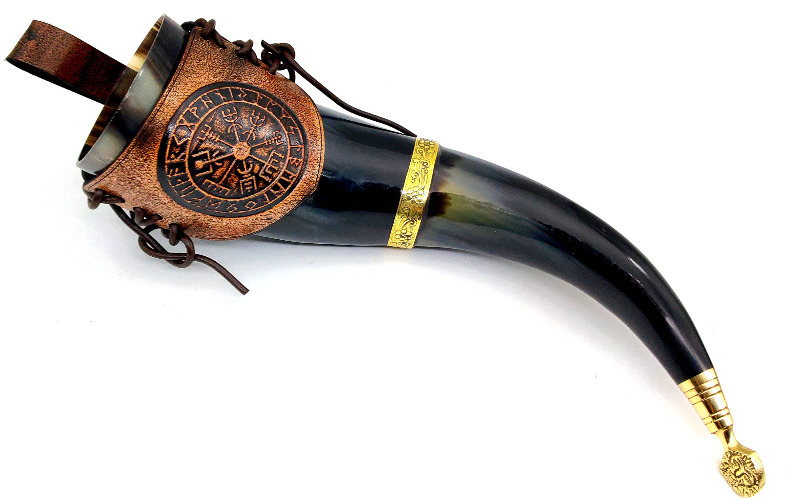 Beer horn mug Game of thrones Brass adorned vikings horn Medieval Drinking Horn with attractive leather belt (HBM-580) - HBM-580