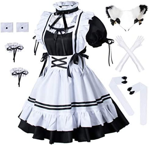 Wannsee Anime French Maid Apron Lolita Fancy Dress Cosplay Costume Furry Cat Ear Gloves Socks set - Medium Black-white